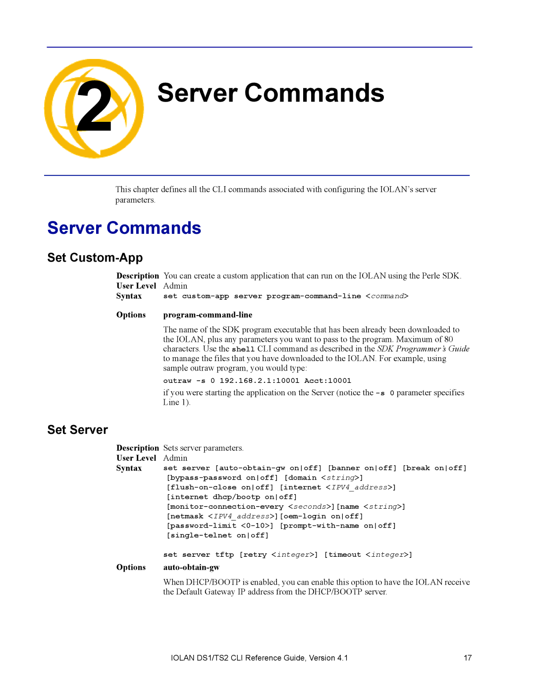 Perle Systems 5500208-41 manual Server Commands, Set Custom-App, Set Server 