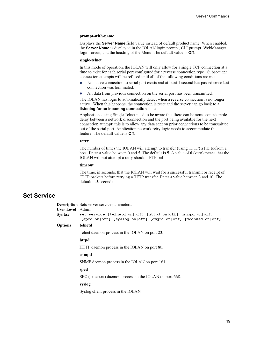 Perle Systems 5500208-41 manual Set Service, Prompt-with-name, Single-telnet, Retry, Timeout 