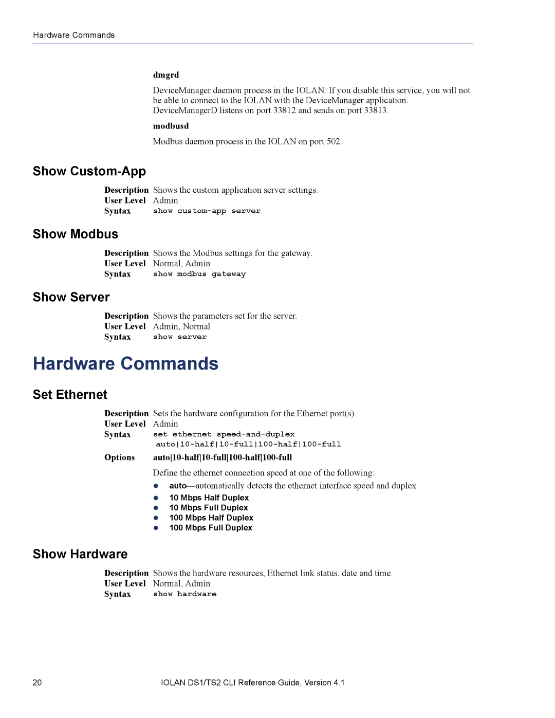 Perle Systems 5500208-41 manual Hardware Commands 