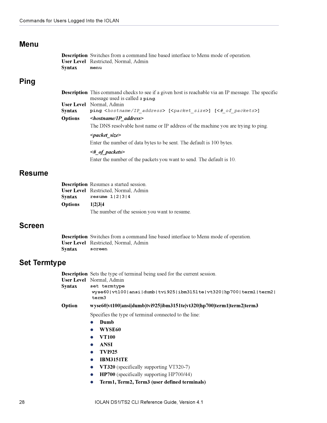 Perle Systems 5500208-41 manual Menu, Ping, Resume, Screen, Set Termtype 