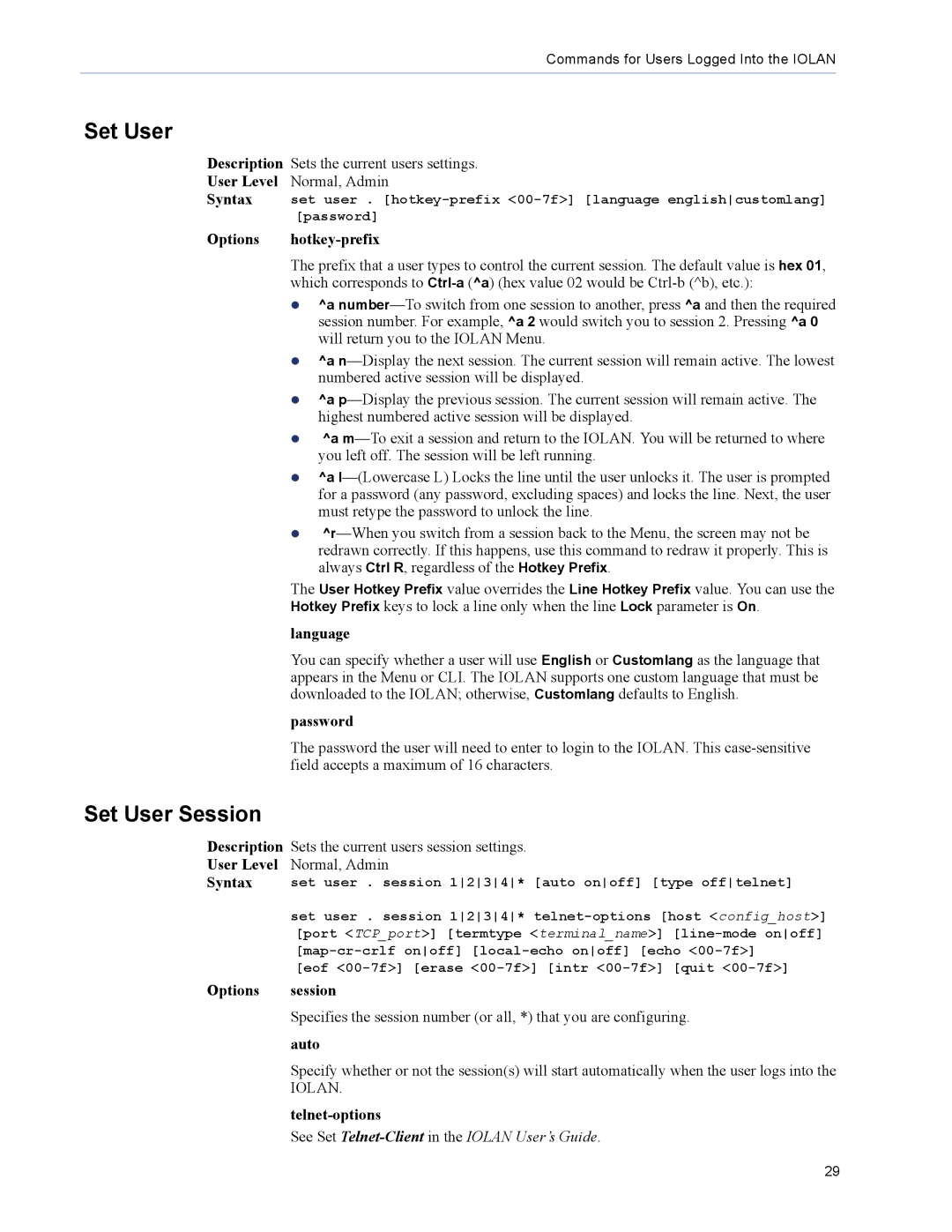 Perle Systems 5500208-41 manual Set User Session 