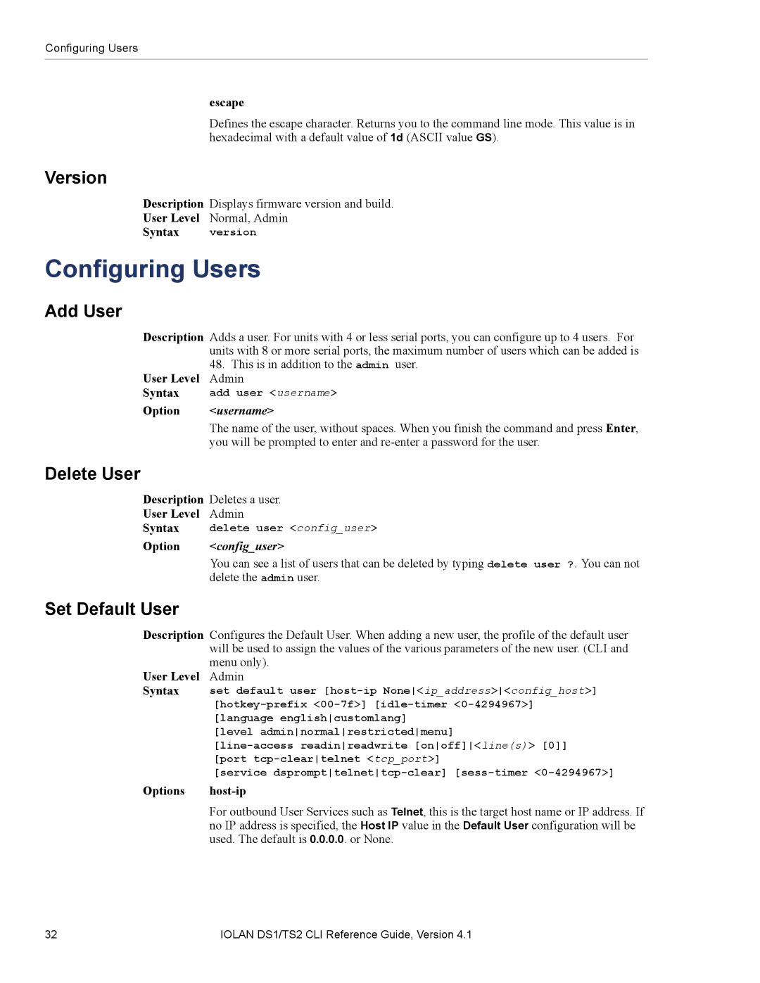 Perle Systems 5500208-41 manual Configuring Users, Version, Add User, Delete User, Set Default User 