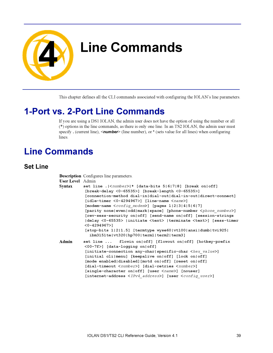 Perle Systems 5500208-41 manual Port vs -Port Line Commands, Set Line 