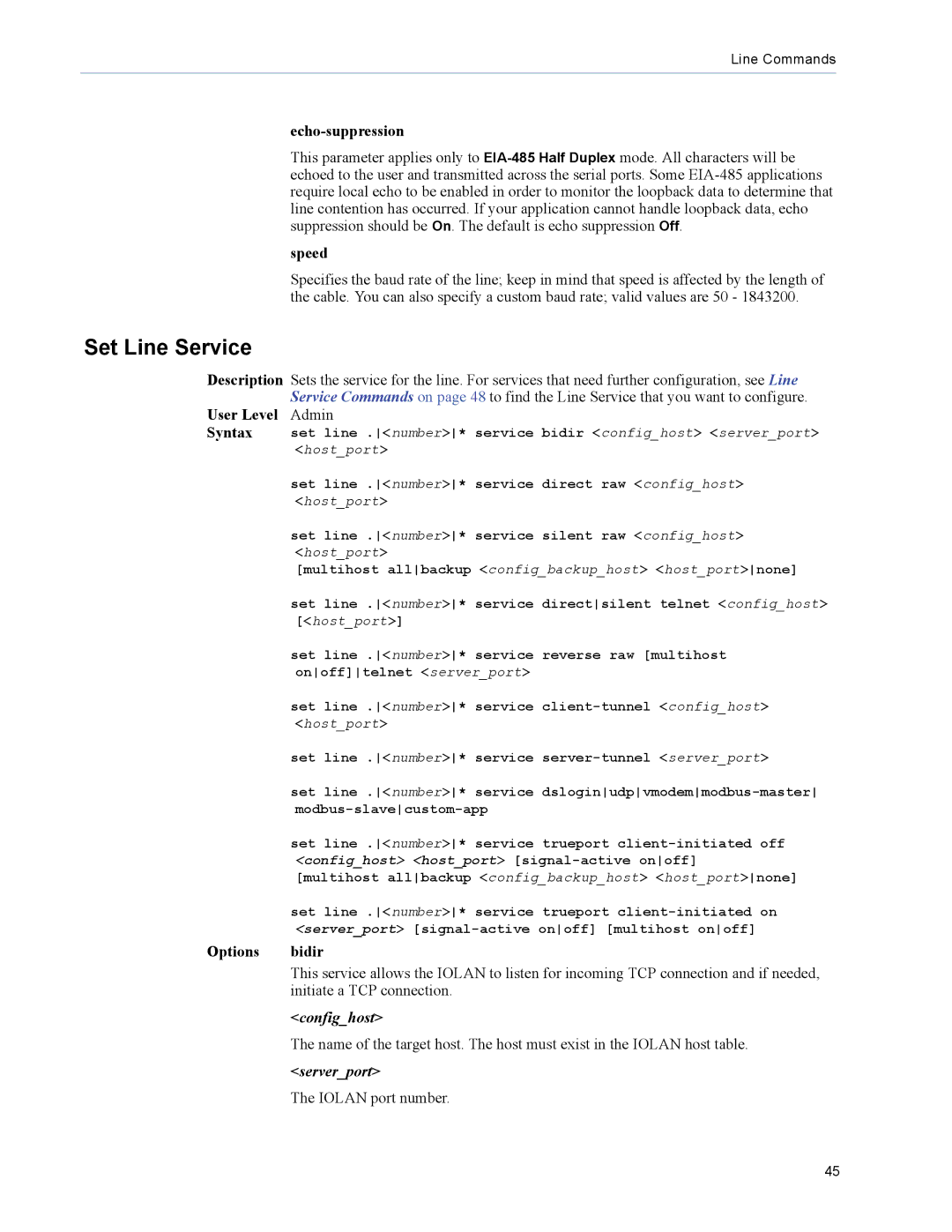 Perle Systems 5500208-41 manual Set Line Service, Confighost, Serverport 