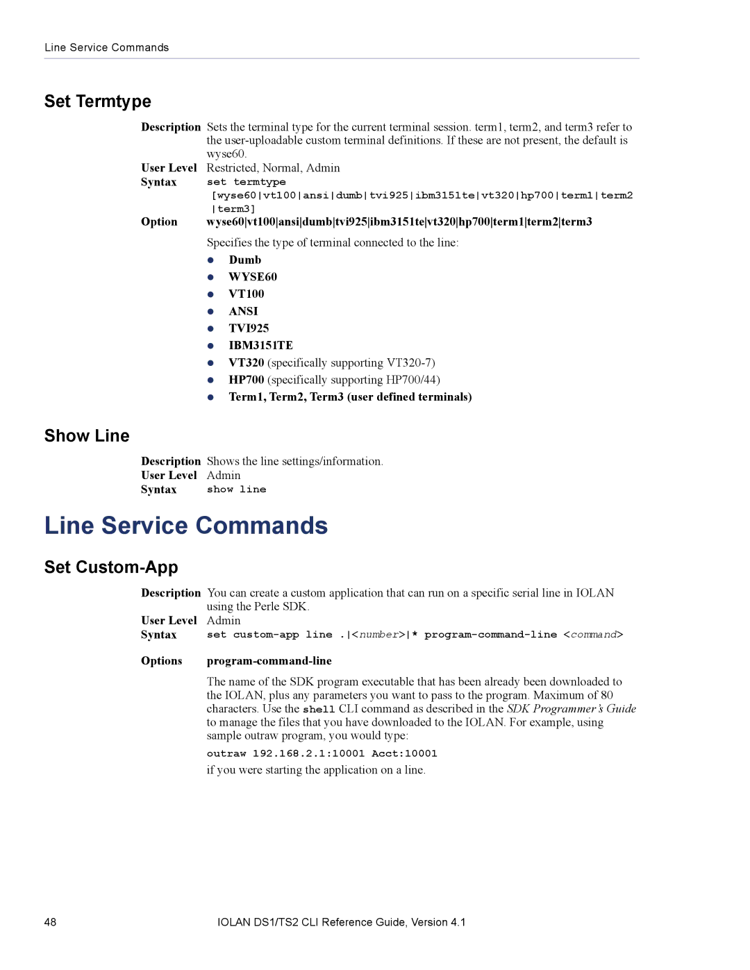 Perle Systems 5500208-41 manual Line Service Commands, Show Line 