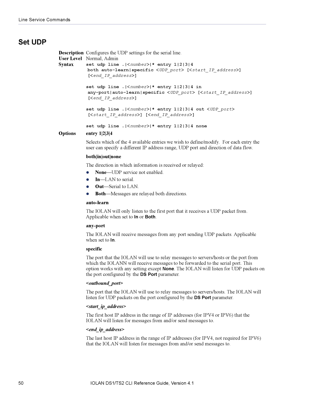 Perle Systems 5500208-41 manual Set UDP, Outboundport, Startipaddress, Endipaddress 