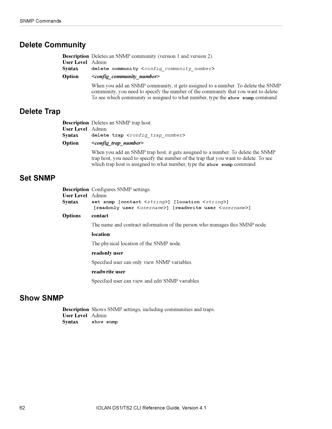 Perle Systems 5500208-41 manual Delete Community, Delete Trap, Set Snmp, Show Snmp 