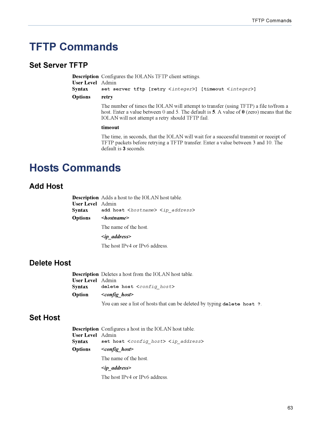 Perle Systems 5500208-41 manual Tftp Commands, Hosts Commands 