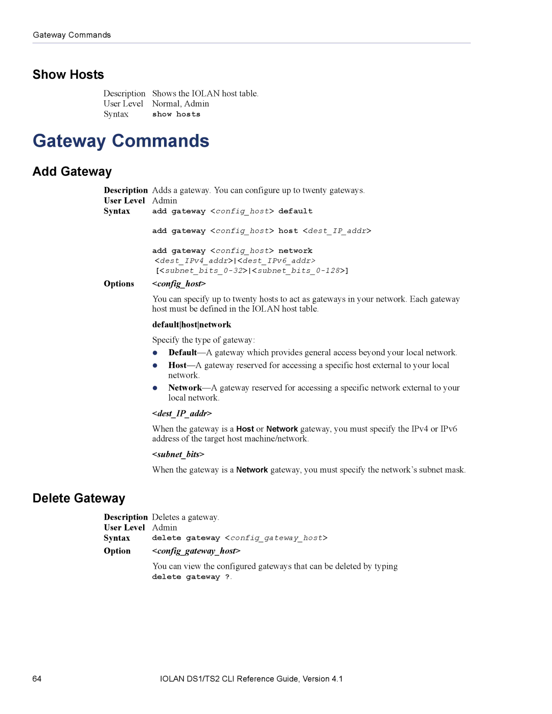 Perle Systems 5500208-41 manual Gateway Commands, Show Hosts, Add Gateway, Delete Gateway 