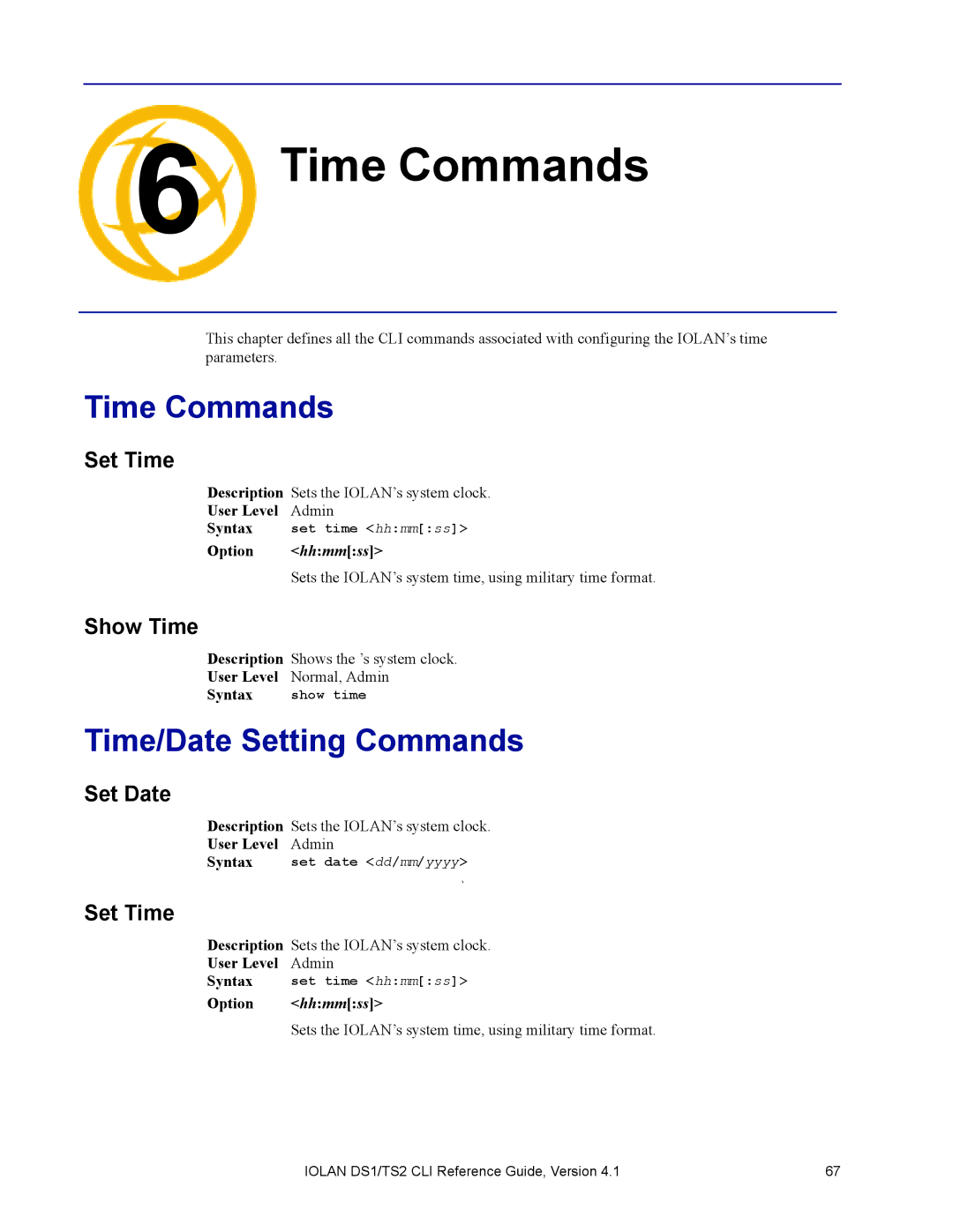 Perle Systems 5500208-41 manual Time Commands, Time/Date Setting Commands 