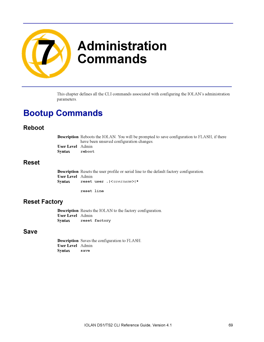 Perle Systems 5500208-41 manual Administration Commands, Bootup Commands 