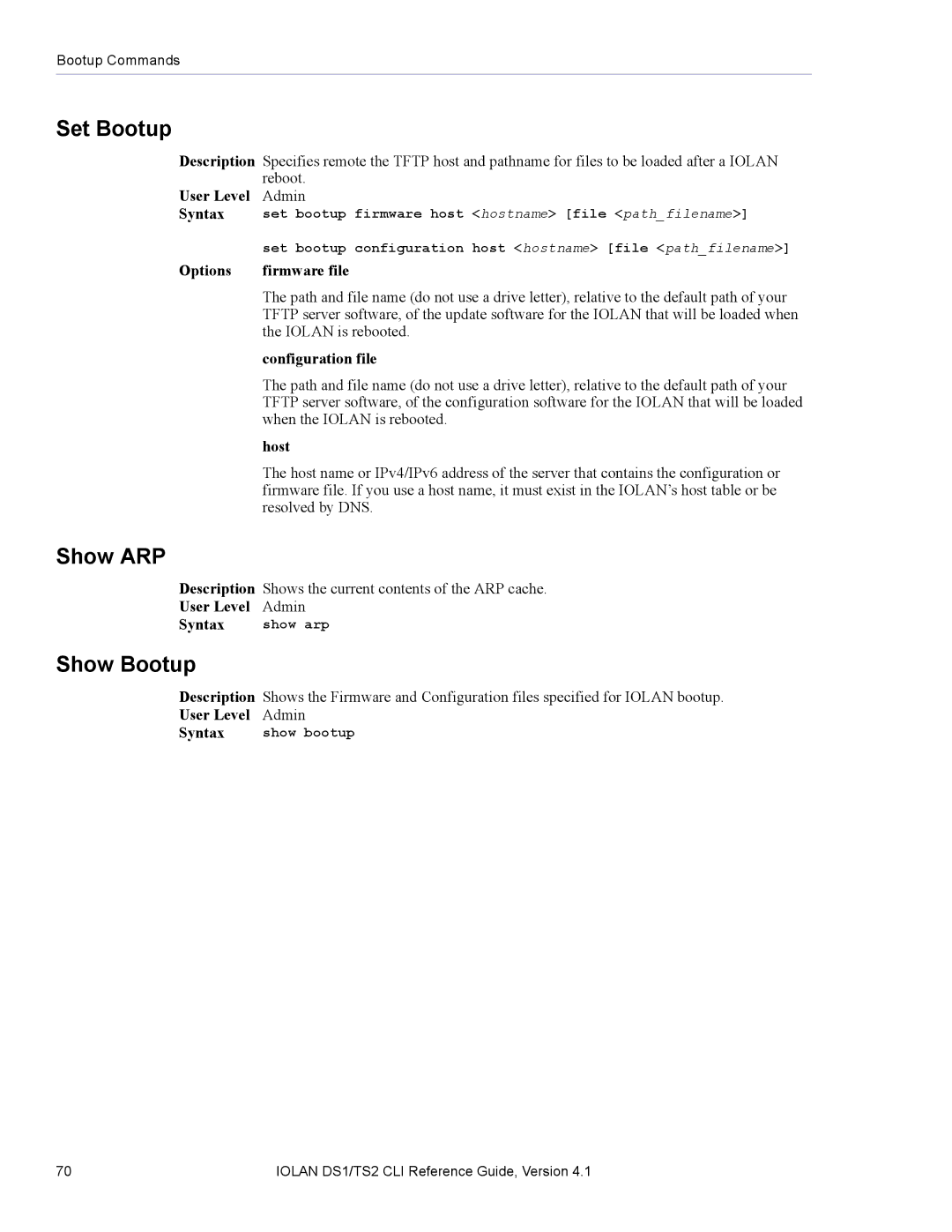 Perle Systems 5500208-41 manual Set Bootup, Show ARP, Show Bootup, Options Firmware file, Configuration file 