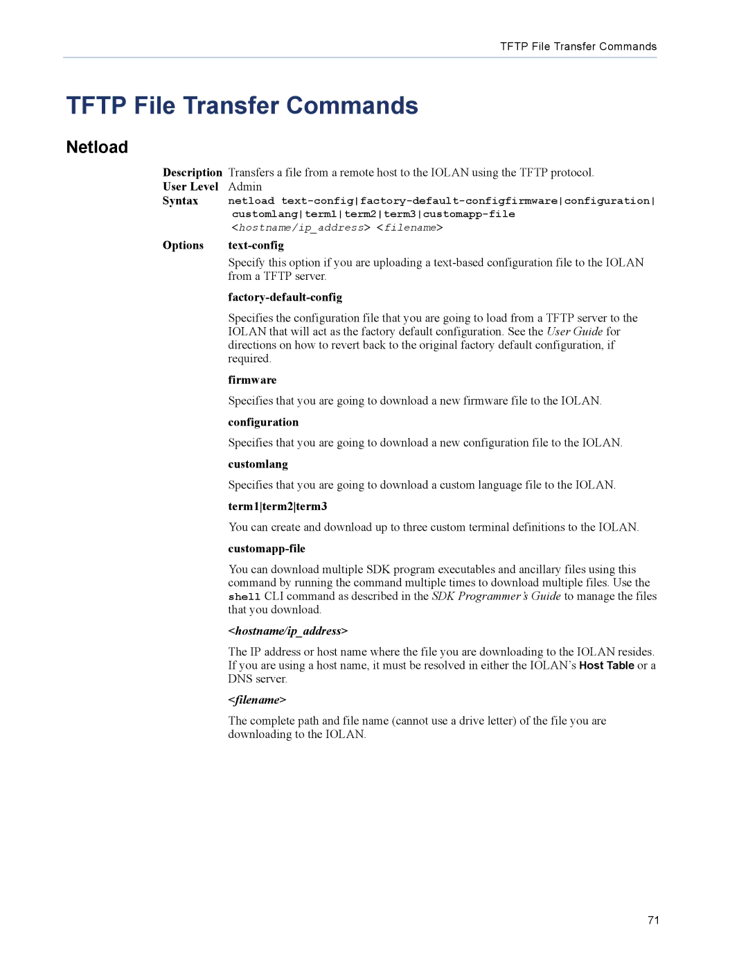 Perle Systems 5500208-41 manual Tftp File Transfer Commands, Netload, Hostname/ipaddress, Filename 