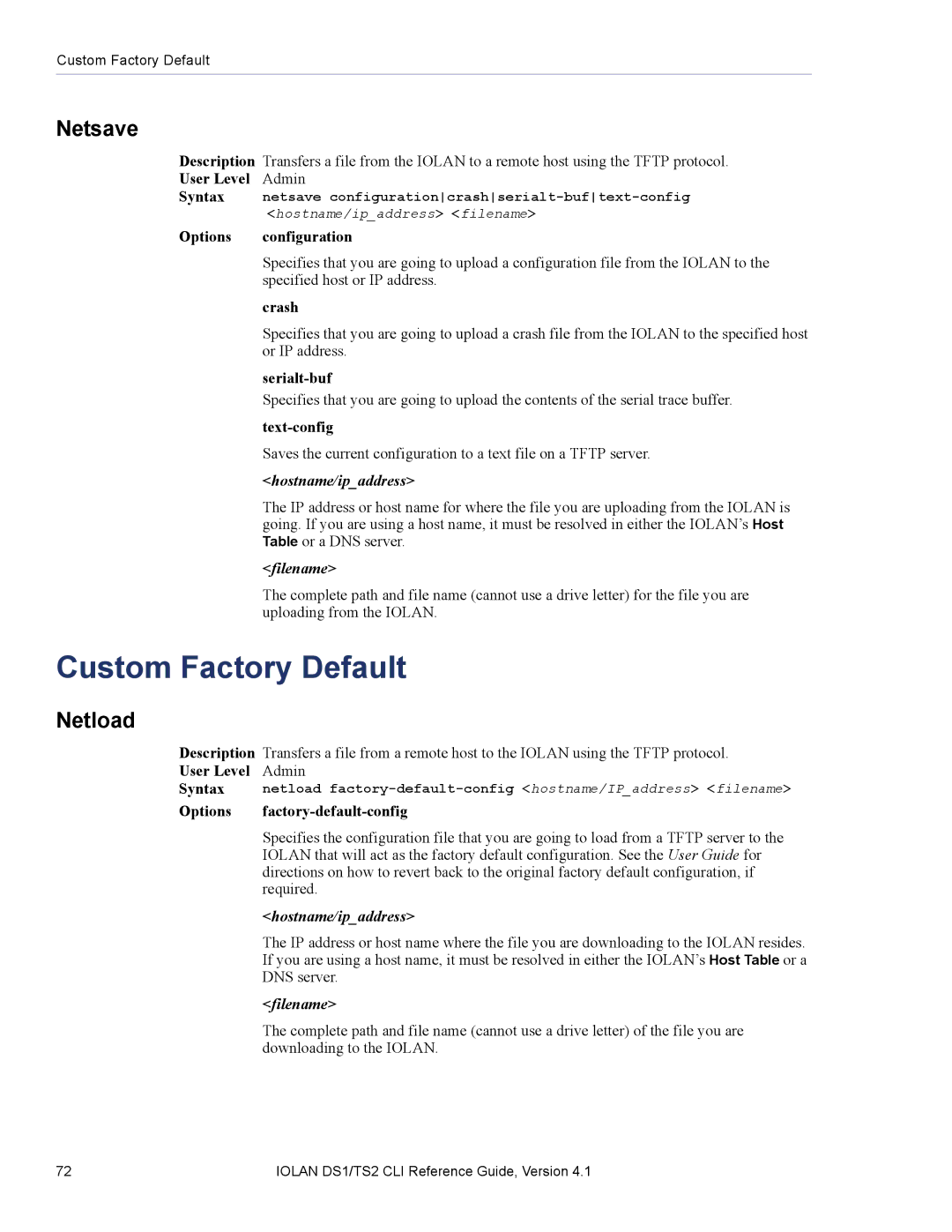 Perle Systems 5500208-41 manual Custom Factory Default, Netsave, Table or a DNS server, Uploading from the Iolan 