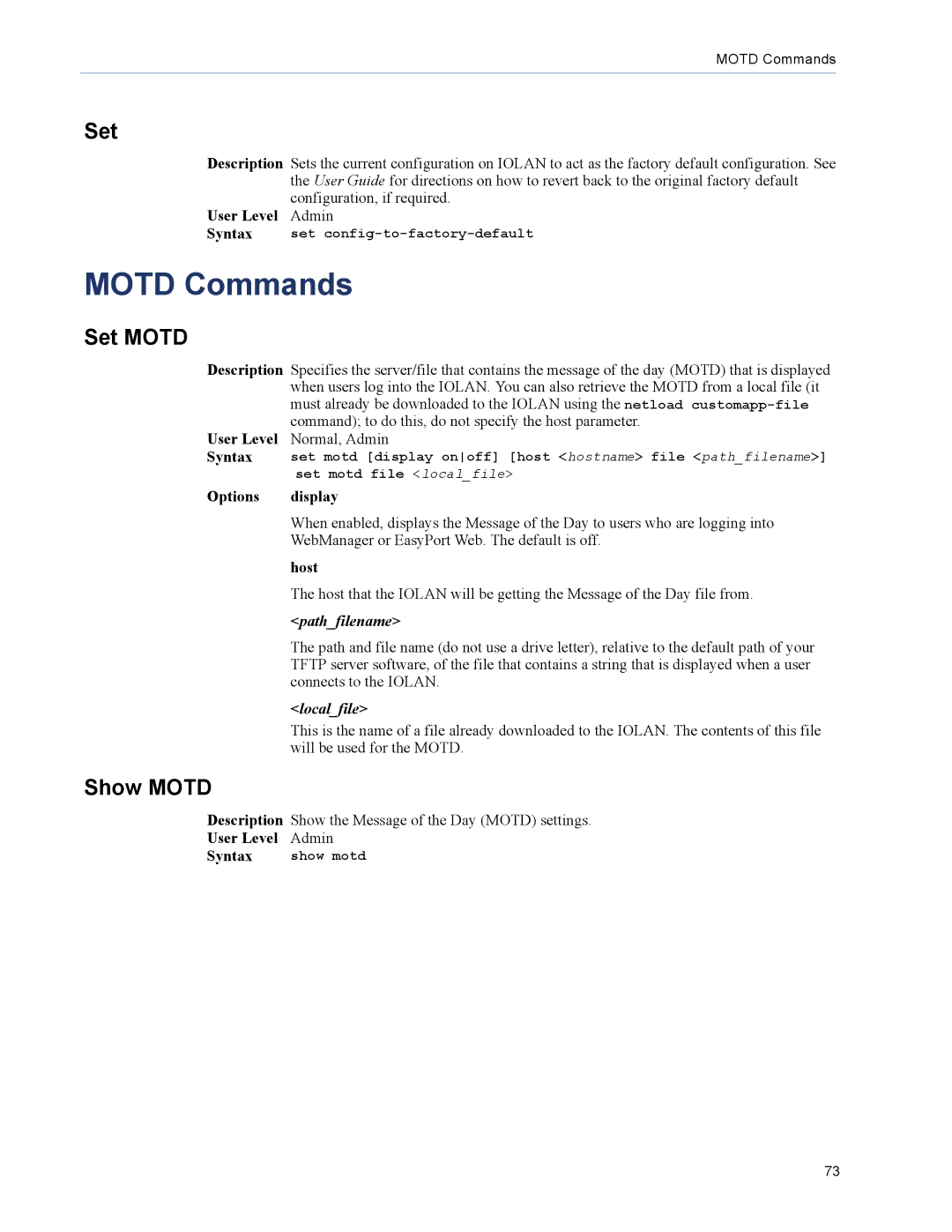 Perle Systems 5500208-41 manual Motd Commands, Set Motd, Show Motd 