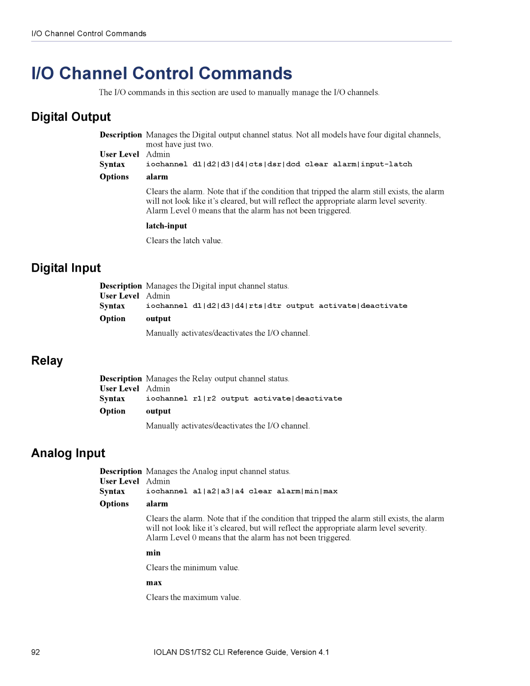 Perle Systems 5500208-41 manual Channel Control Commands, Digital Output, Digital Input, Relay, Analog Input 