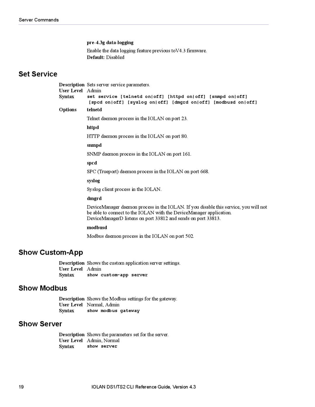 Perle Systems 5500208-43 manual Set Service, Show Custom-App, Show Modbus, Show Server 