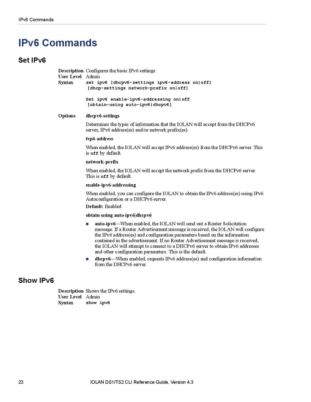 Perle Systems 5500208-43 manual IPv6 Commands, Set IPv6, Show IPv6 