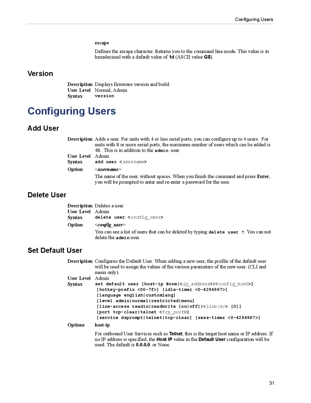 Perle Systems 5500208-43 manual Configuring Users, Version, Add User, Delete User, Set Default User 