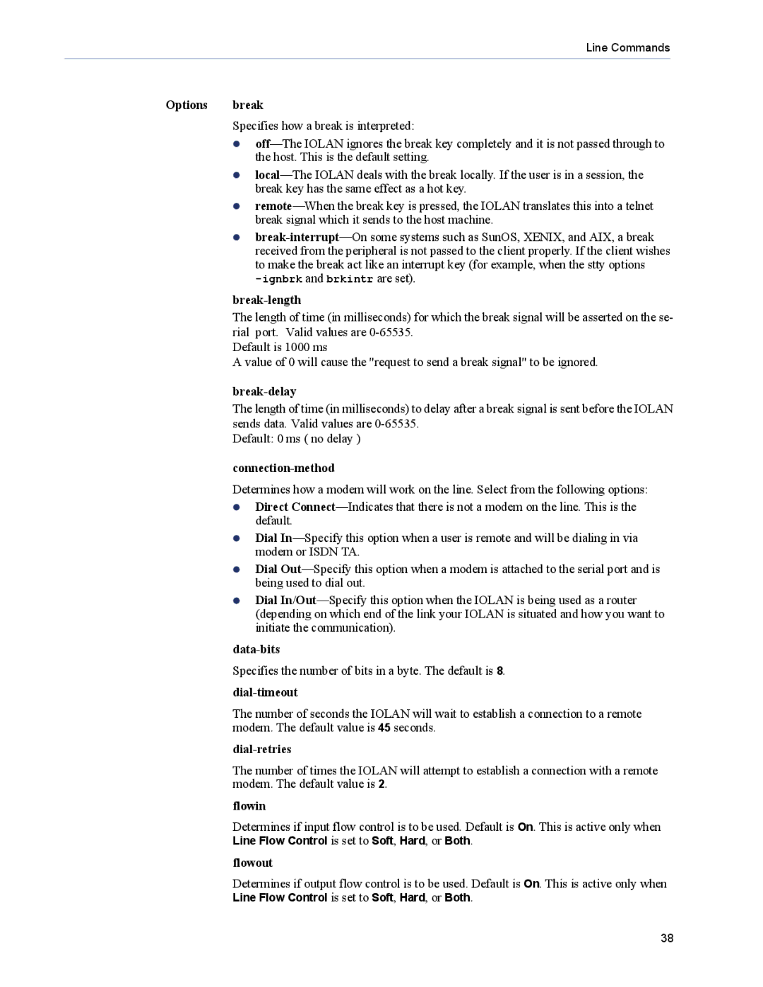 Perle Systems 5500208-43 Options break, Break-length, Break-delay, Connection-method, Data-bits, Dial-timeout, Flowin 