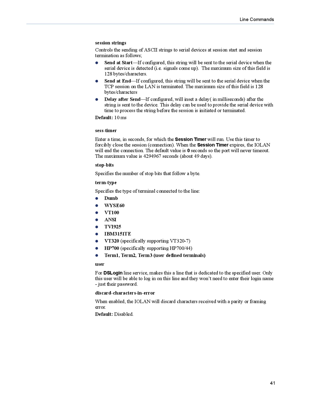 Perle Systems 5500208-43 manual Session strings, Default 10 ms Sess-timer, Stop-bits, Term-type 