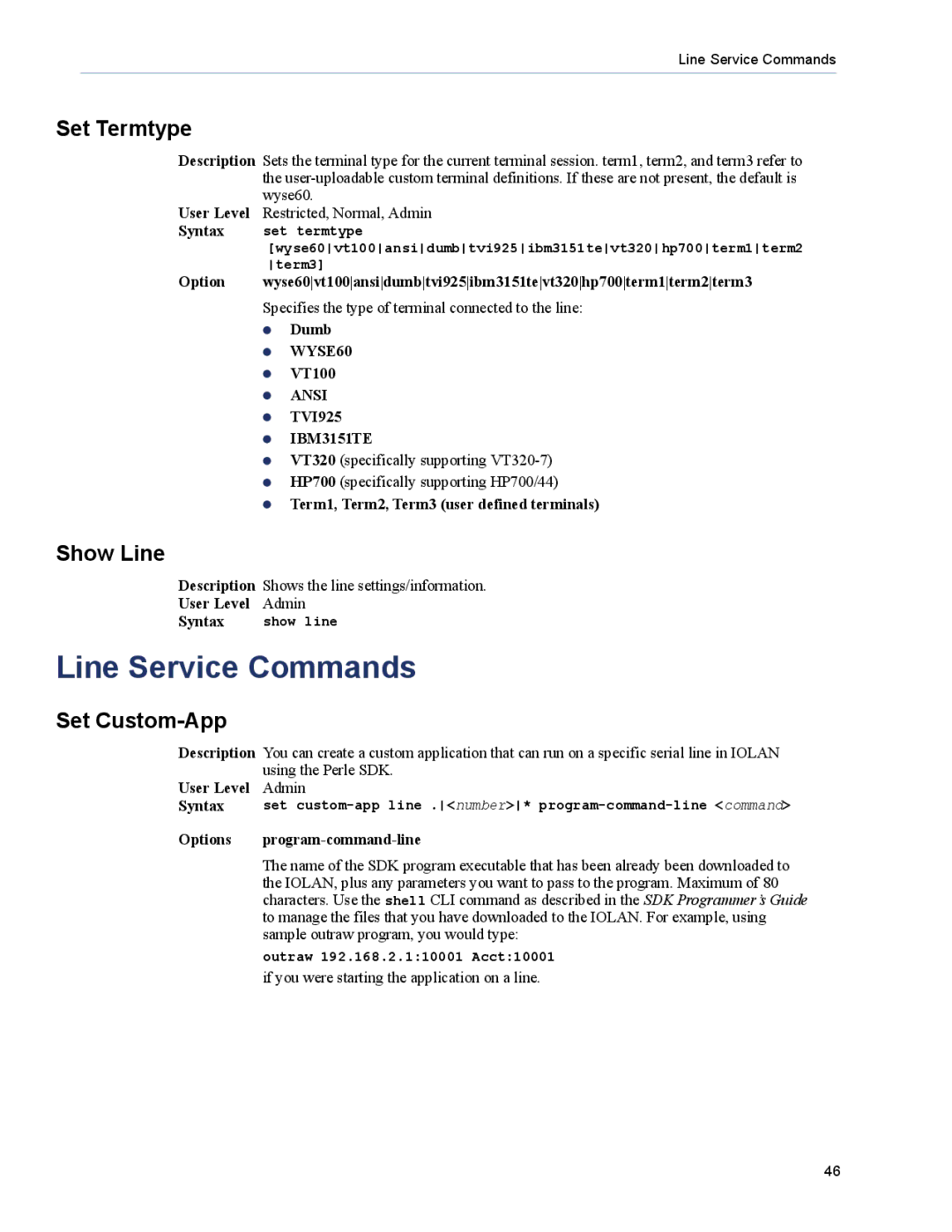 Perle Systems 5500208-43 manual Line Service Commands, Show Line, Options Program-command-line 