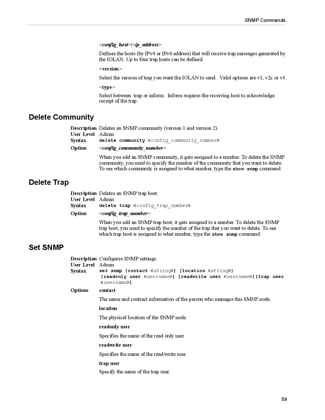 Perle Systems 5500208-43 manual Delete Community, Delete Trap, Set Snmp 