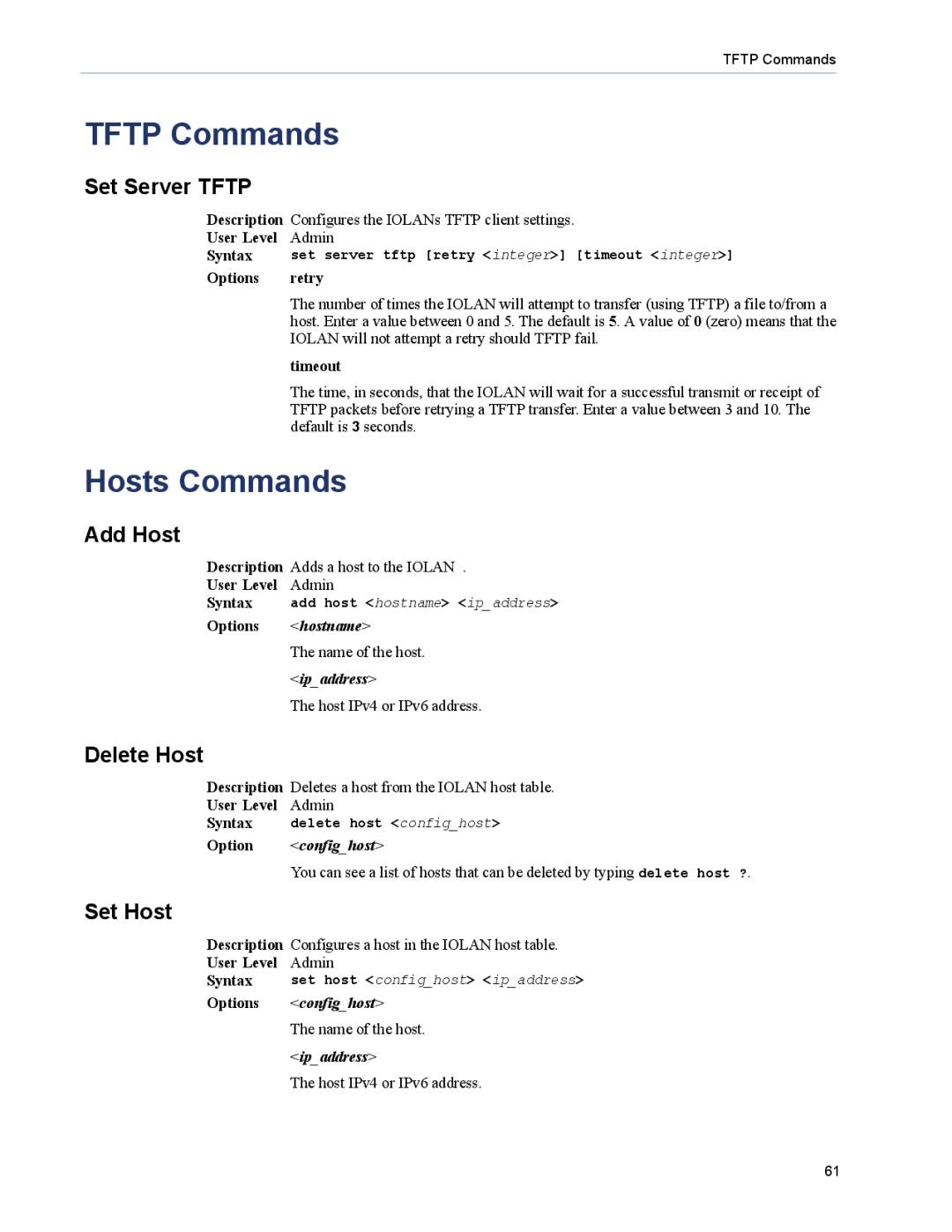 Perle Systems 5500208-43 manual Tftp Commands, Hosts Commands 