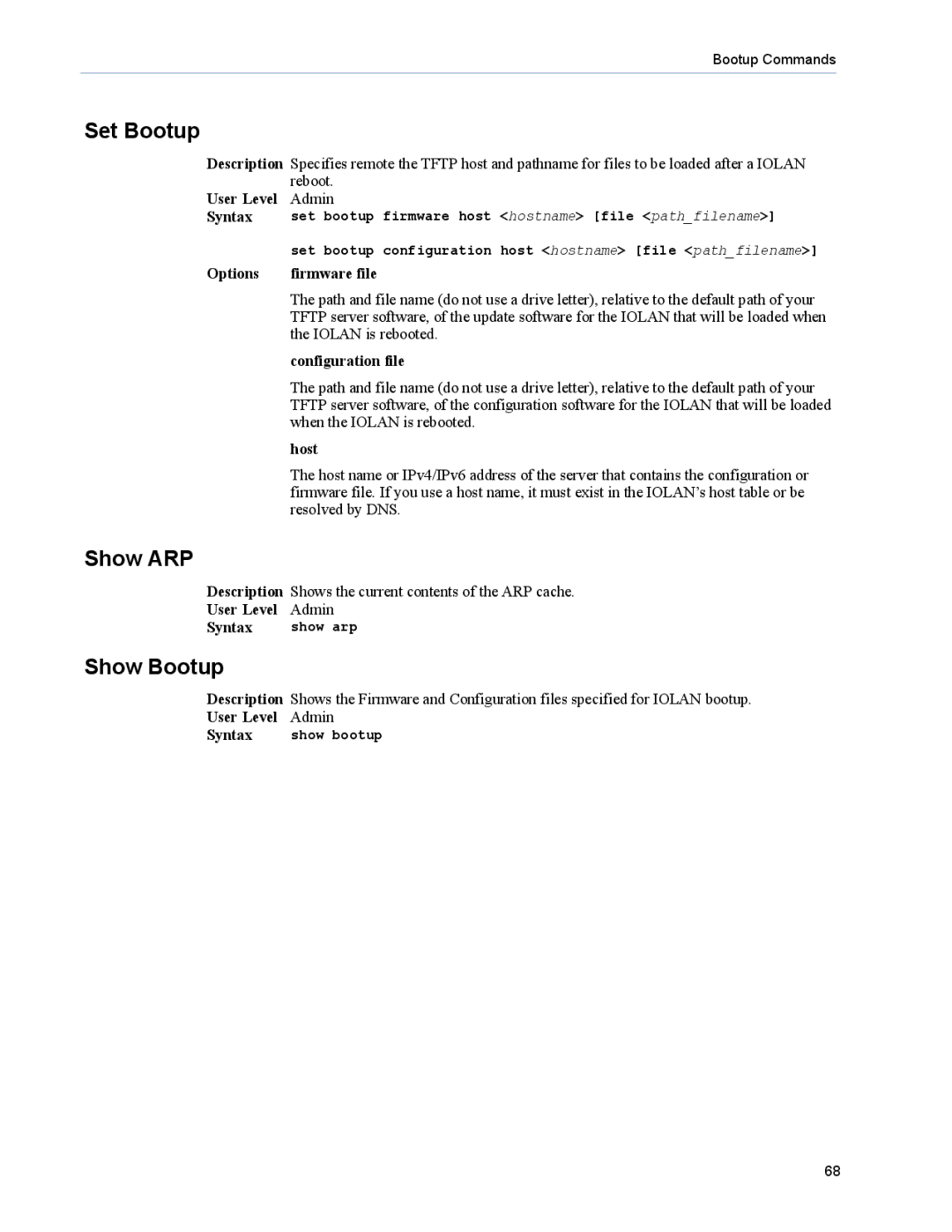 Perle Systems 5500208-43 manual Set Bootup, Show ARP, Show Bootup, Options Firmware file, Configuration file 