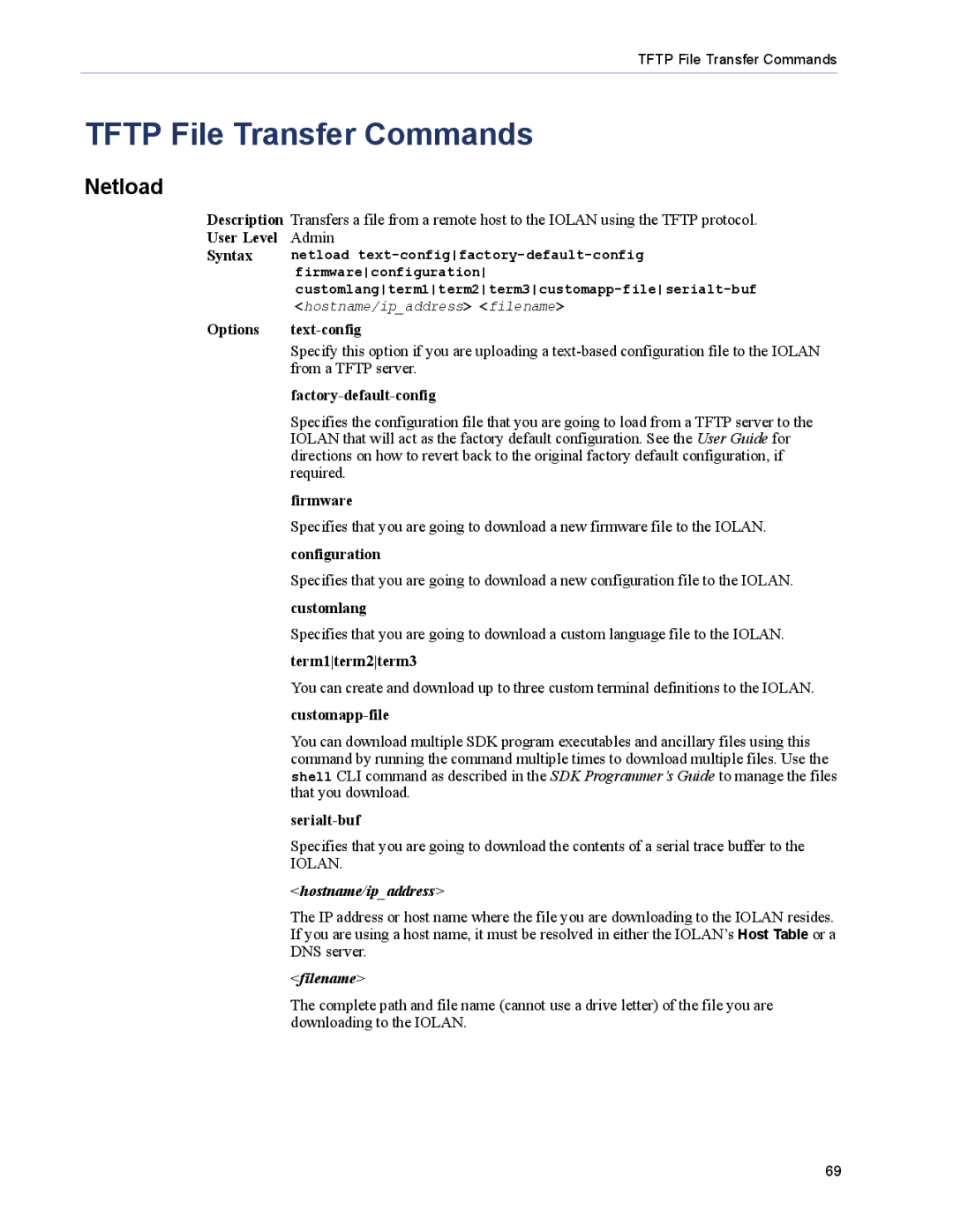 Perle Systems 5500208-43 manual Tftp File Transfer Commands, Netload, Hostname/ipaddress, Filename 