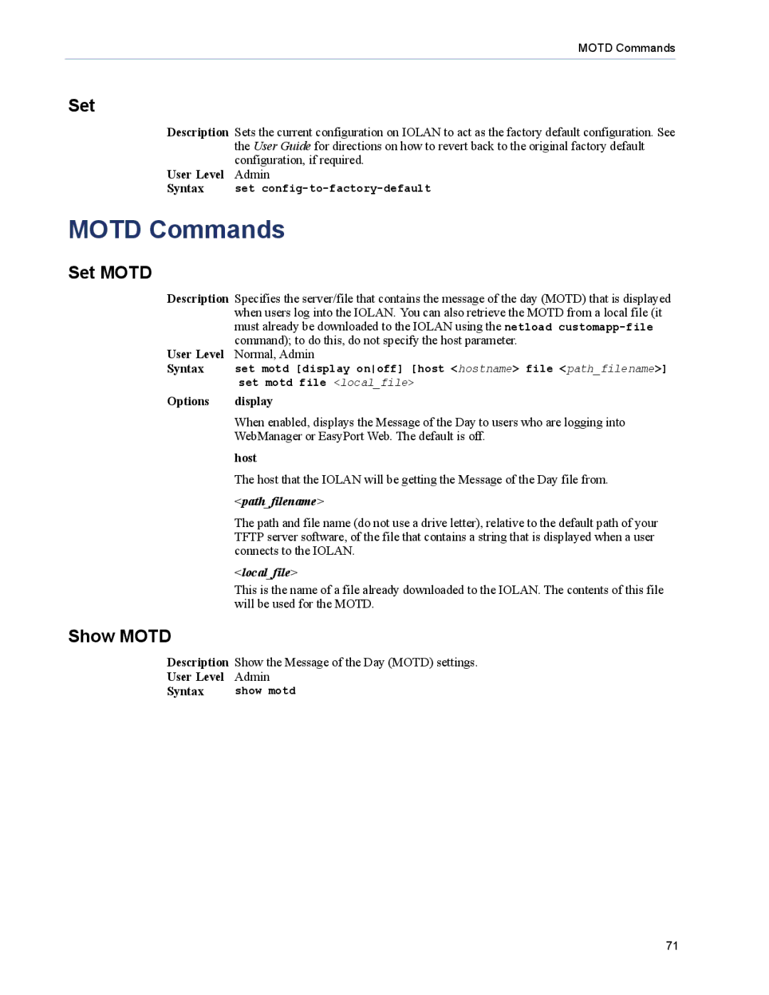 Perle Systems 5500208-43 manual Motd Commands, Set Motd, Show Motd 