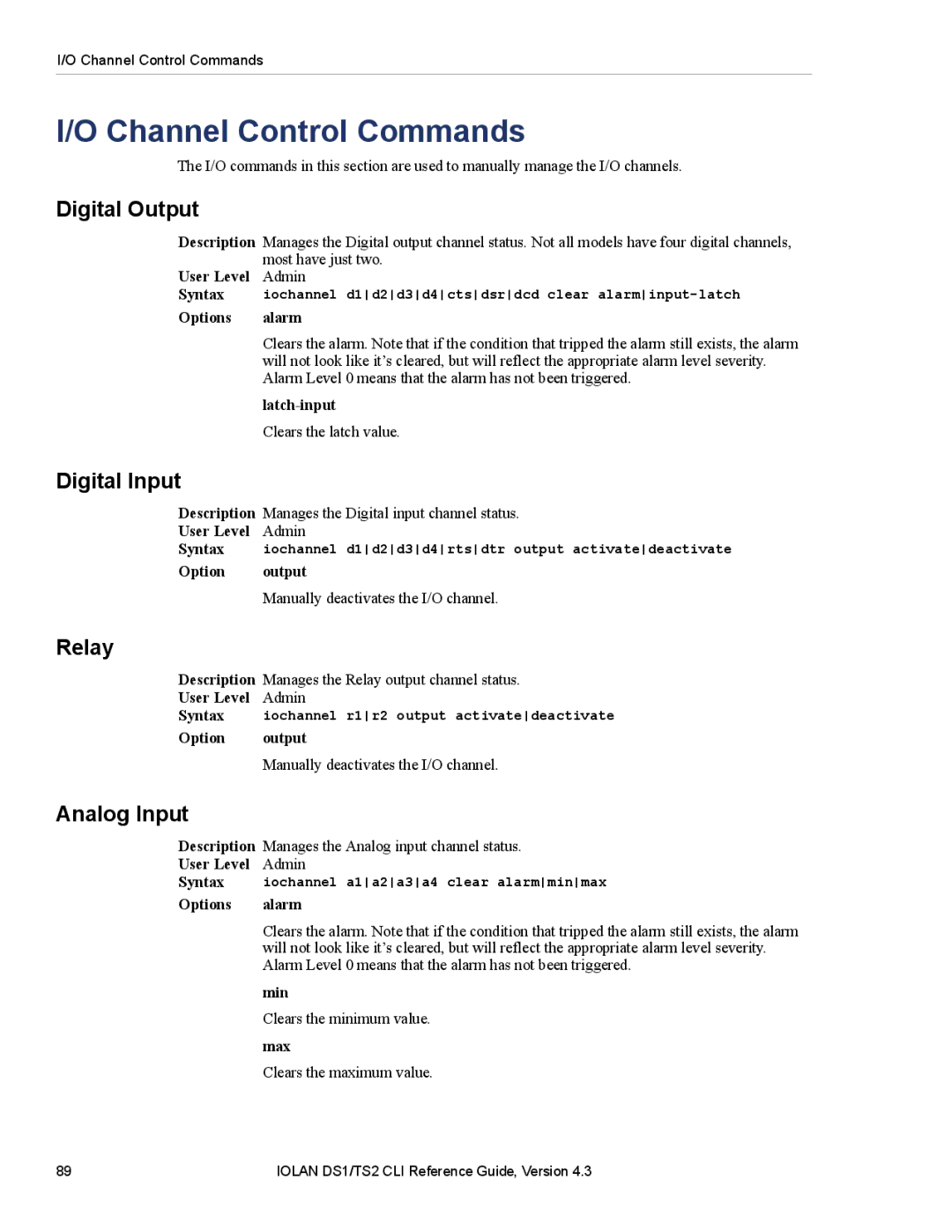 Perle Systems 5500208-43 manual Channel Control Commands, Digital Output, Digital Input, Relay, Analog Input 