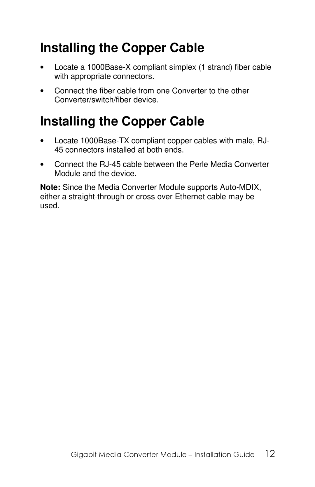 Perle Systems 5500305-20 manual Installing the Copper Cable 