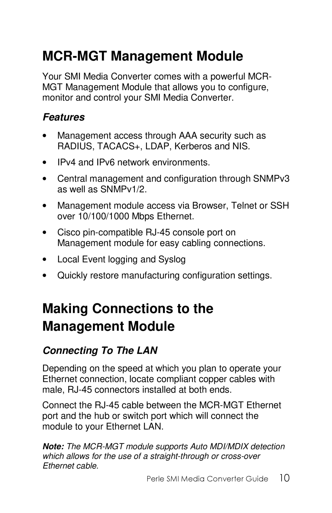 Perle Systems 5500316-13 manual MCR-MGT Management Module, Making Connections to Management Module, Features 