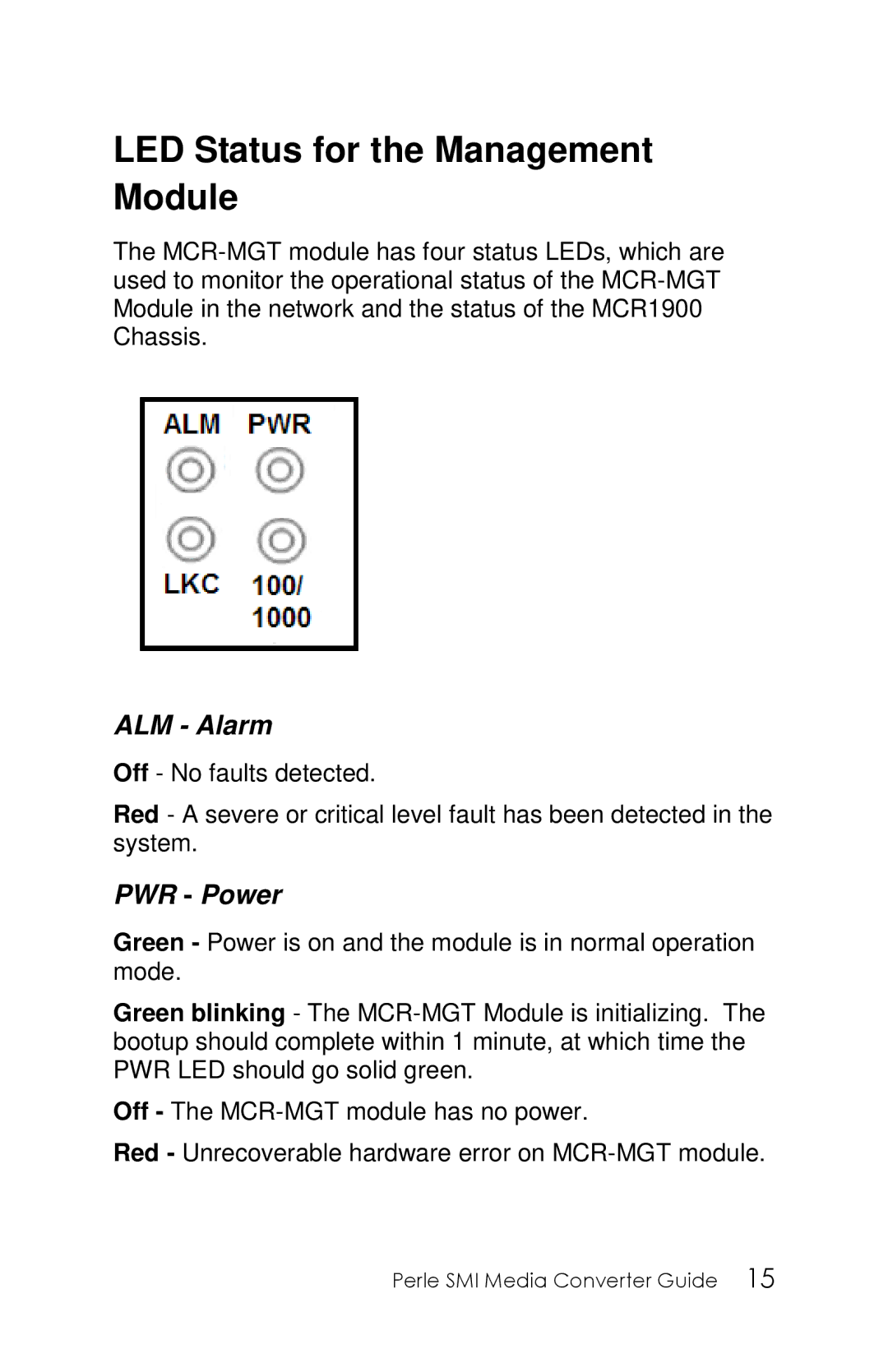 Perle Systems 5500316-13 manual LED Status for the Management Module, ALM Alarm, PWR Power 