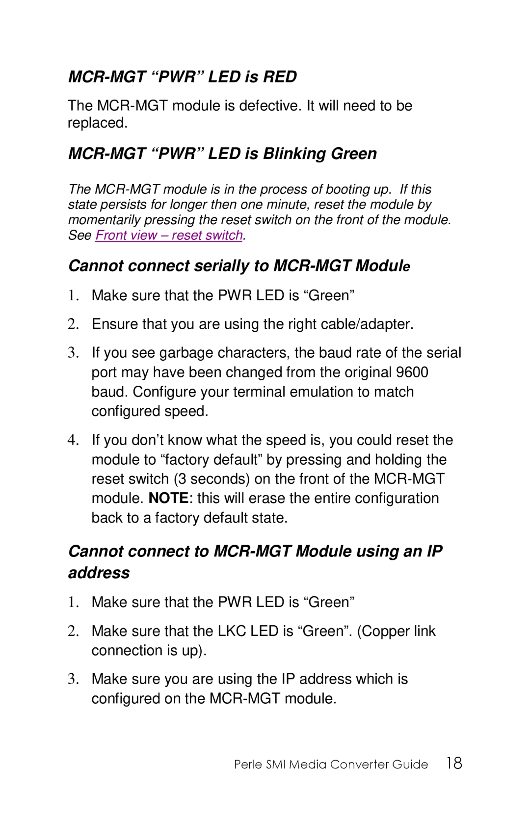 Perle Systems 5500316-13 manual MCR-MGT PWR LED is RED, MCR-MGT PWR LED is Blinking Green 