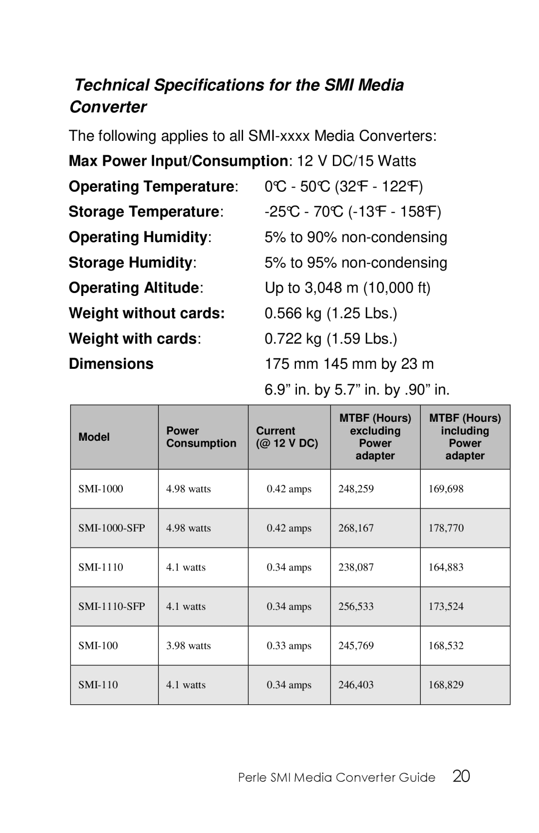 Perle Systems 5500316-13 manual Technical Specifications for the SMI Media Converter, Dimensions 