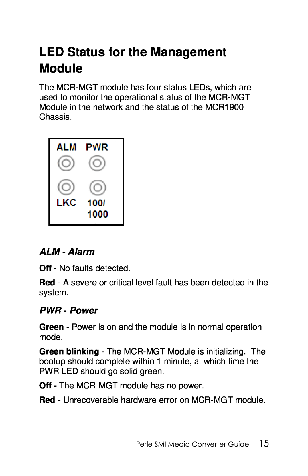 Perle Systems 5500316-13 manual LED Status for the Management Module, ALM - Alarm, PWR - Power 