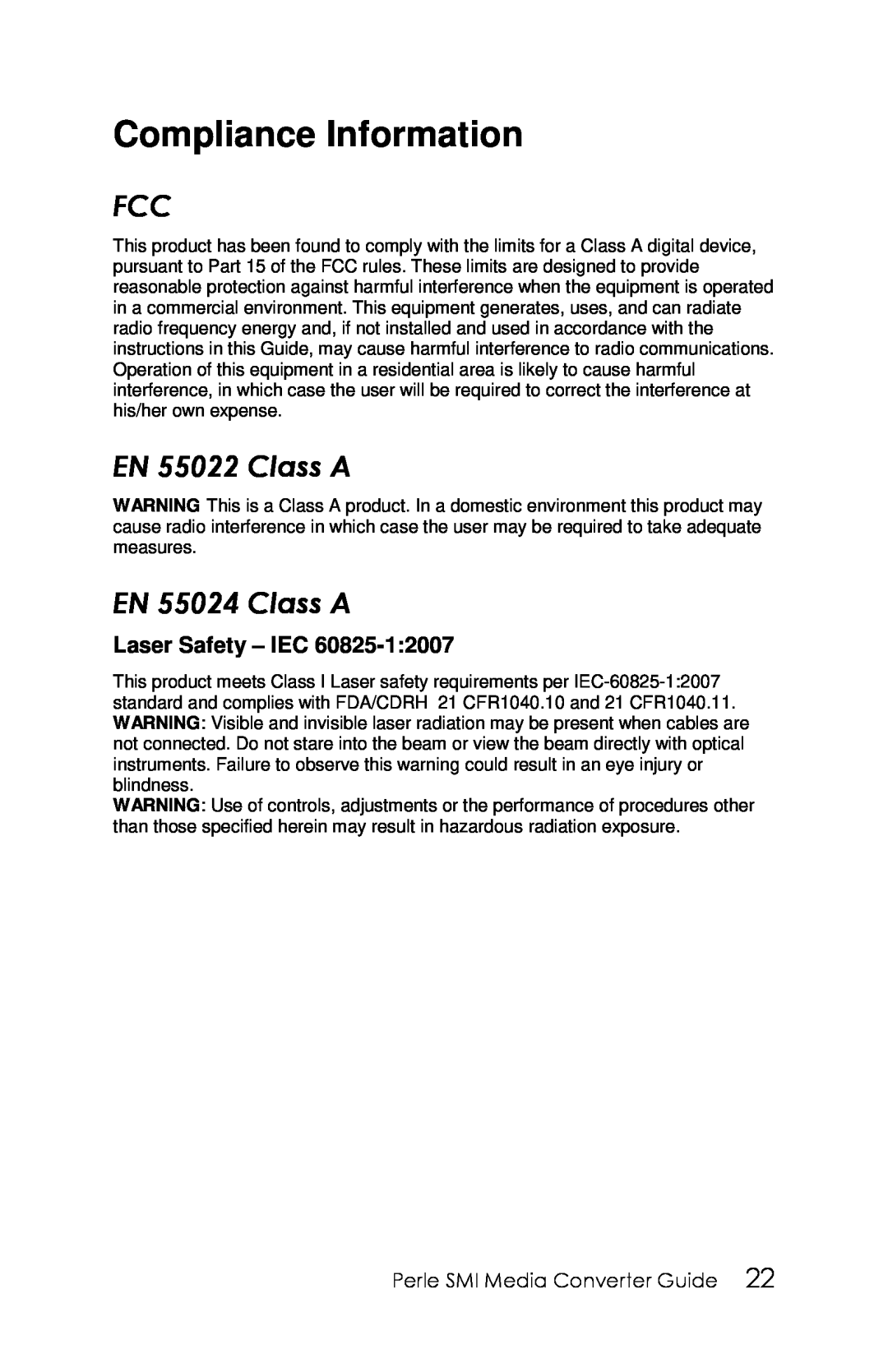 Perle Systems 5500316-13 manual Compliance Information, EN 55022 CLASS A, EN 55024 CLASS A, Laser Safety - IEC 
