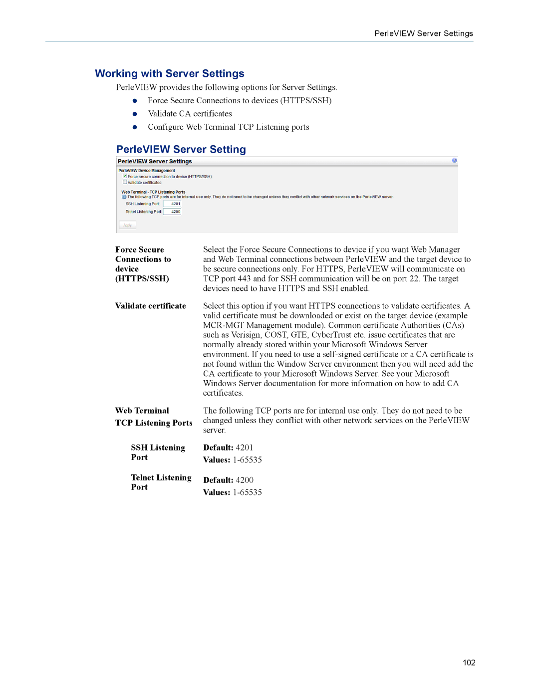 Perle Systems 5500320-12 manual Working with Server Settings, PerleVIEW Server Setting 
