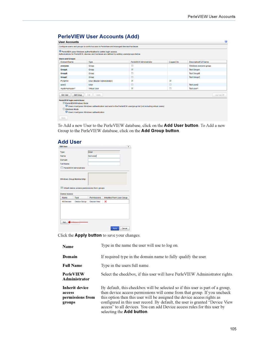 Perle Systems 5500320-12 manual PerleVIEW User Accounts Add, Add User 