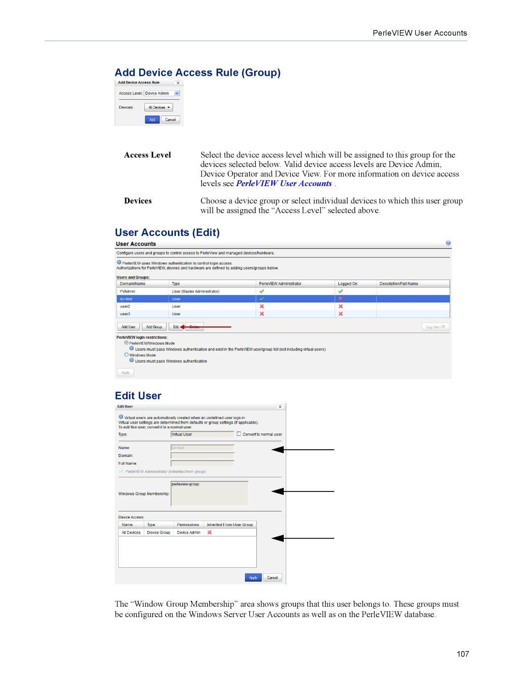 Perle Systems 5500320-12 manual Add Device Access Rule Group, User Accounts Edit Edit User 