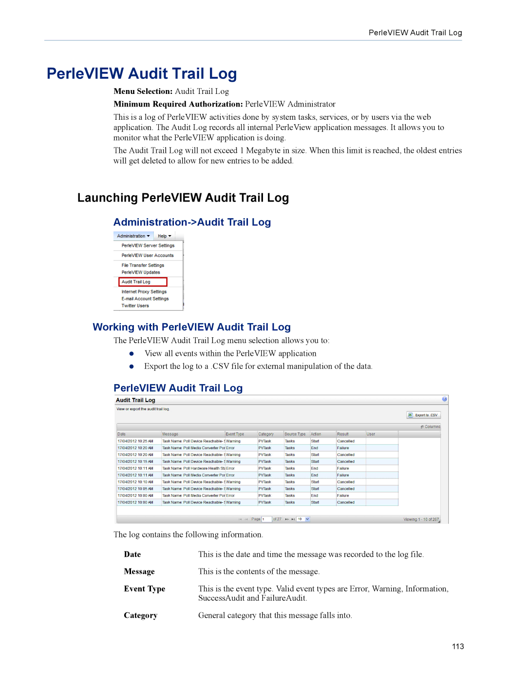 Perle Systems 5500320-12 manual Launching PerleVIEW Audit Trail Log 