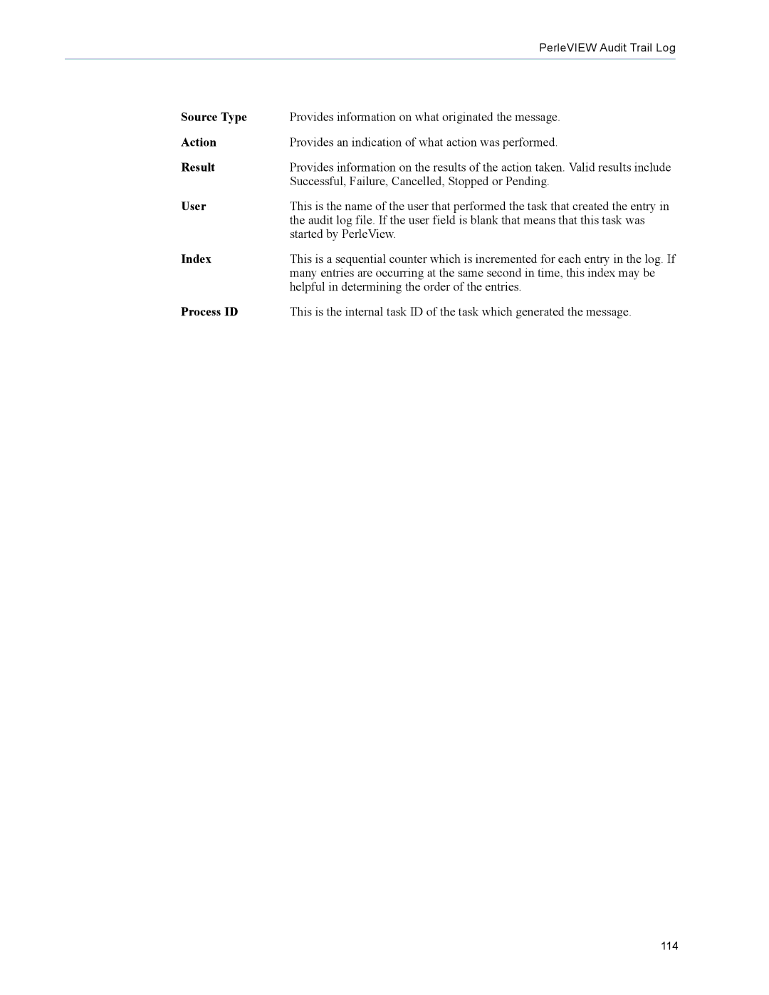 Perle Systems 5500320-12 manual Source Type, Result, Index, Process ID 