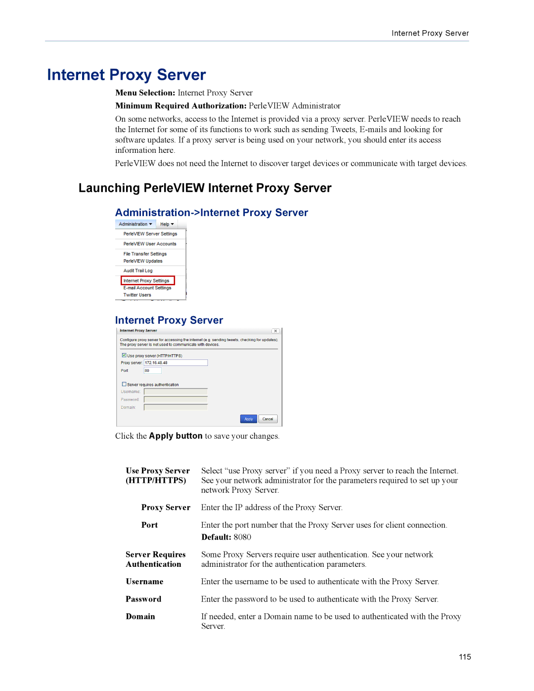 Perle Systems 5500320-12 manual Launching PerleVIEW Internet Proxy Server, Administration-Internet Proxy Server 