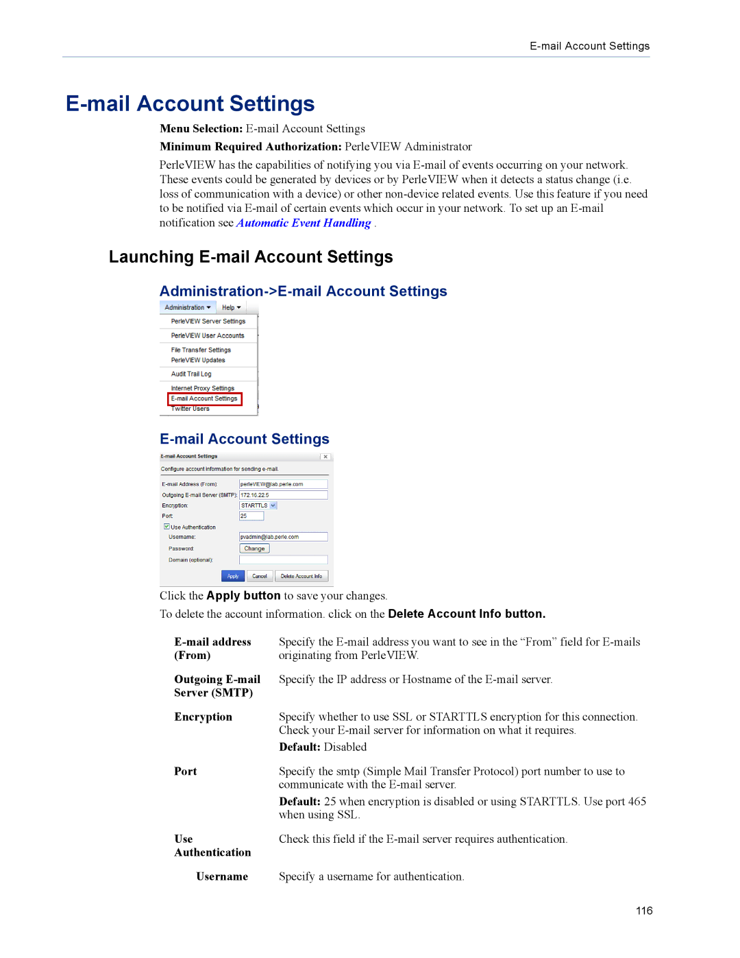 Perle Systems 5500320-12 manual Mail Account Settings, Launching E-mail Account Settings 