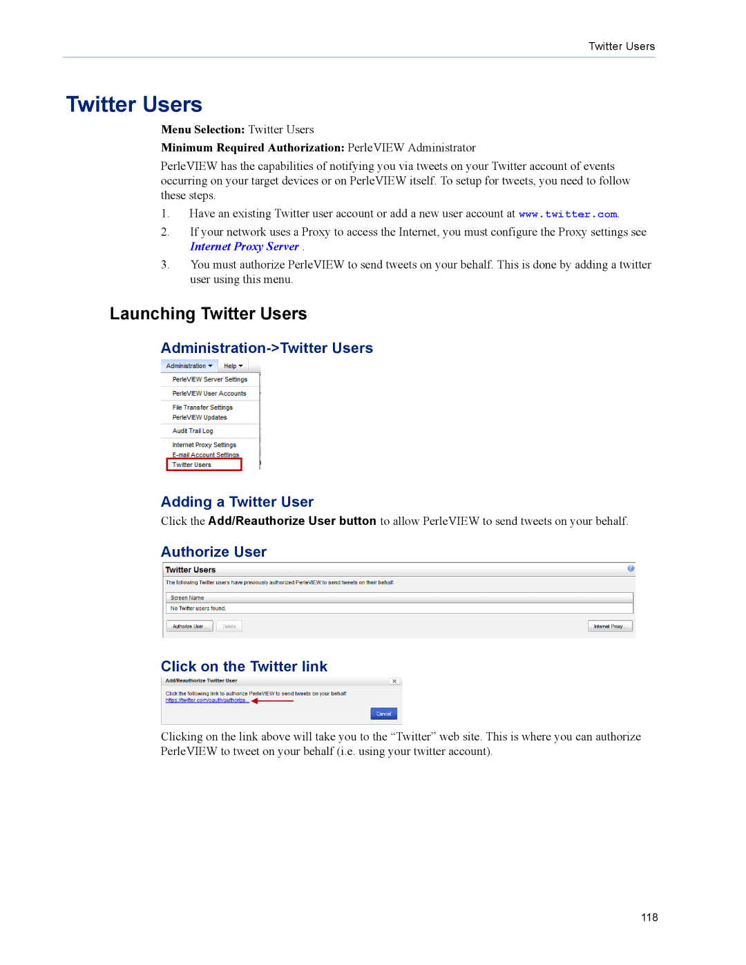 Perle Systems 5500320-12 manual Launching Twitter Users, Administration-Twitter Users Adding a Twitter User 