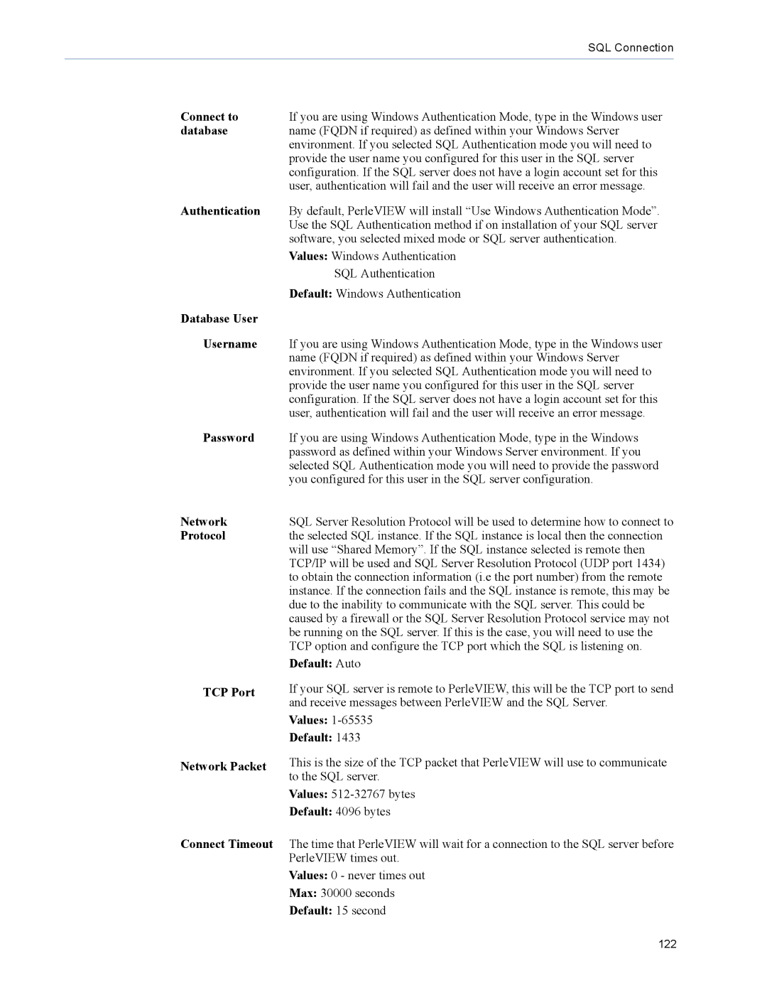 Perle Systems 5500320-12 Connect to, Database User Username, Network Protocol TCP Port Network Packet Connect Timeout 