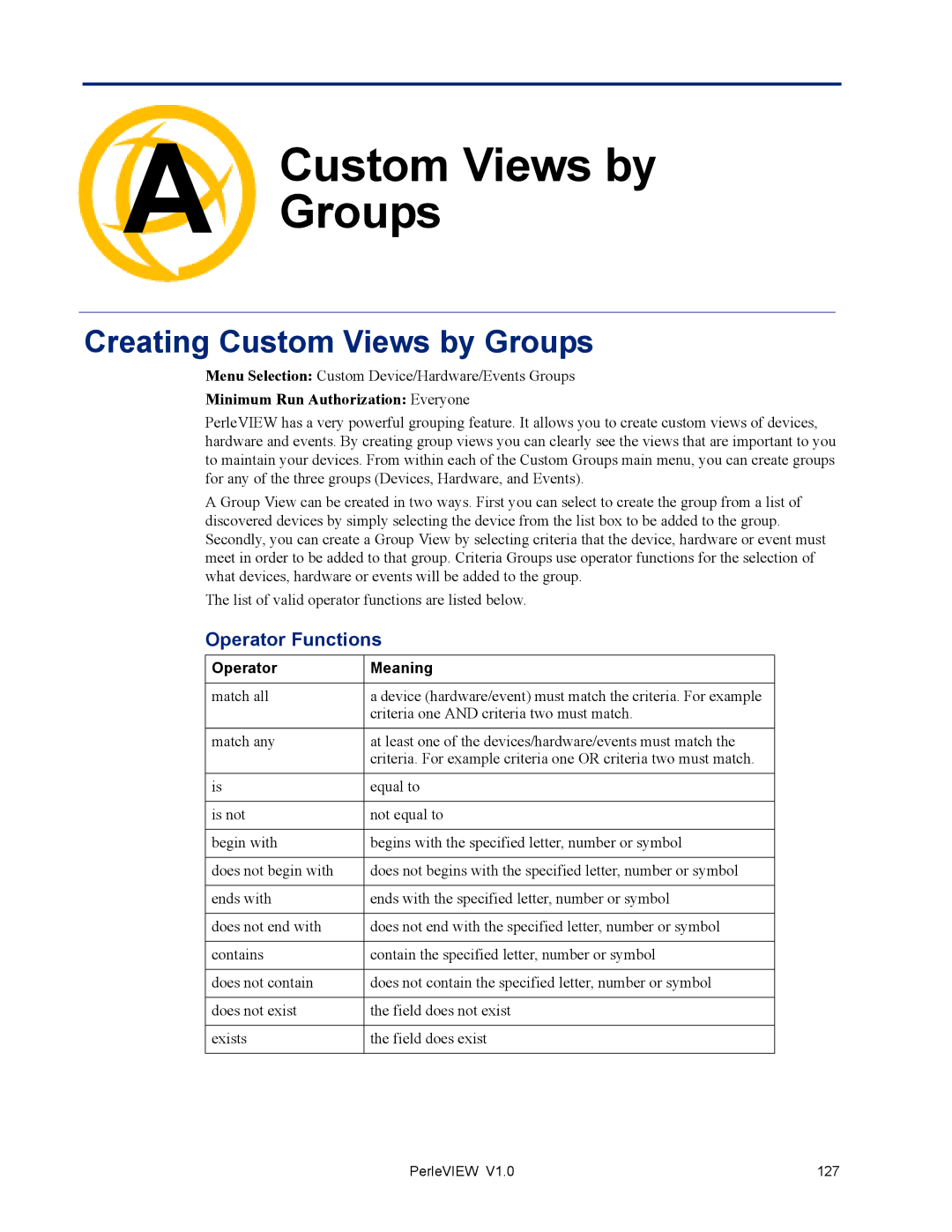 Perle Systems 5500320-12 manual Creating Custom Views by Groups, Operator Functions, Minimum Run Authorization Everyone 