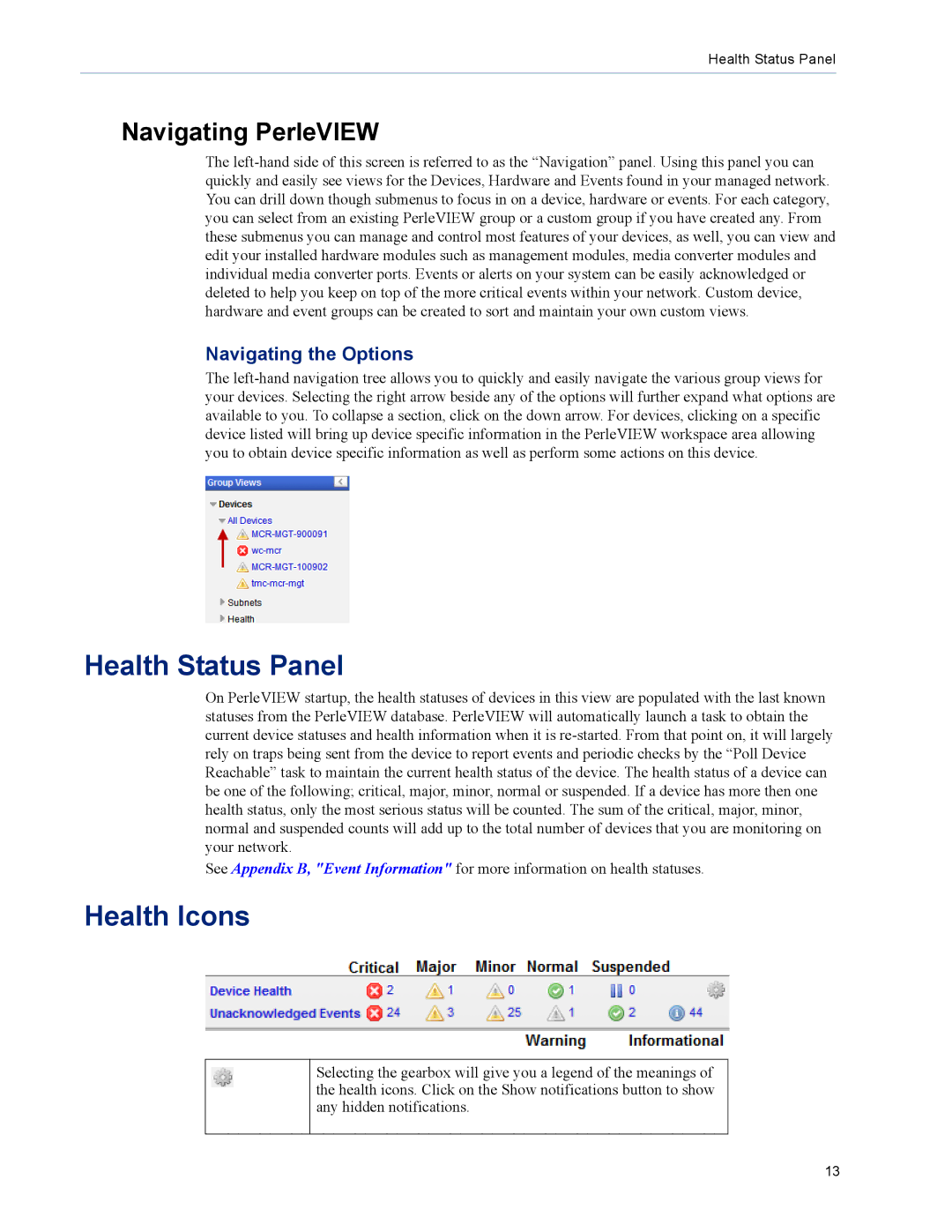 Perle Systems 5500320-12 manual Health Status Panel, Health Icons, Navigating the Options 